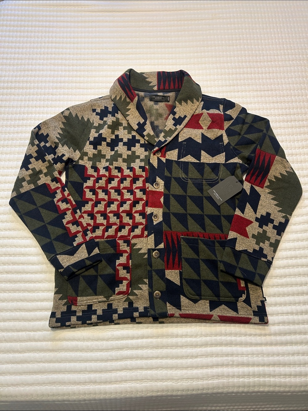 Junk Food Clothing Shawl Collar Patchwork Jacket in Olive, Navy & Red Large